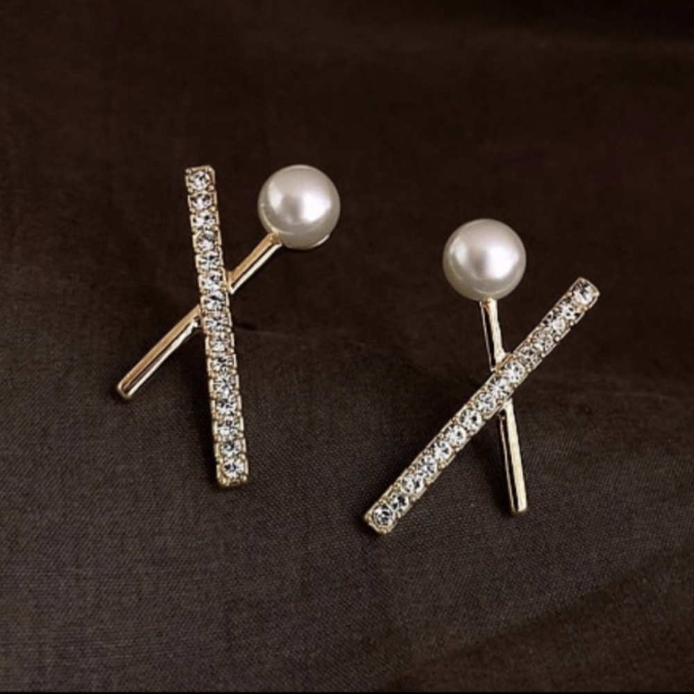 Geometric X Pearl and Diamond Earrings